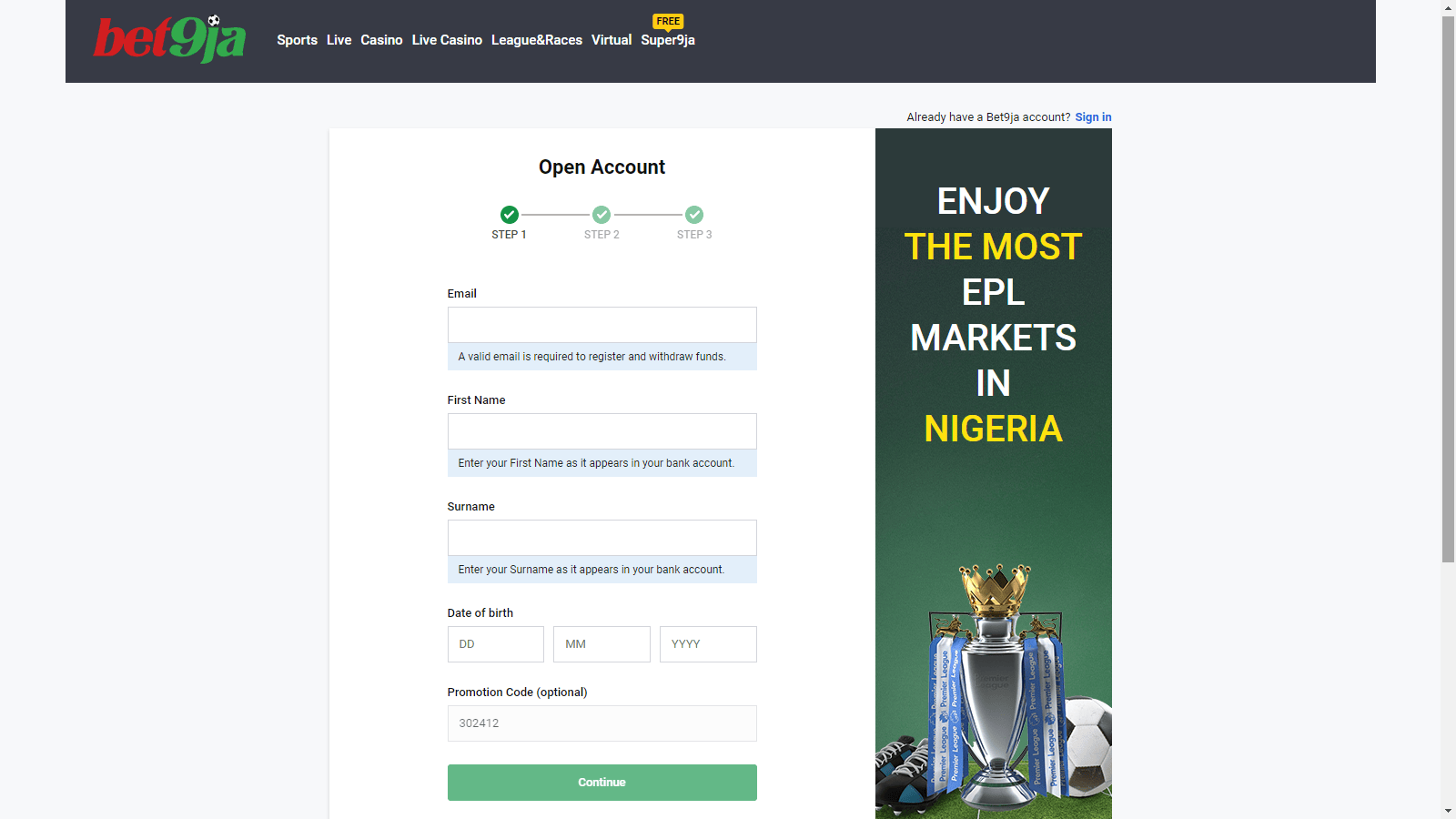 Open a Bet9ja Account on Desktop