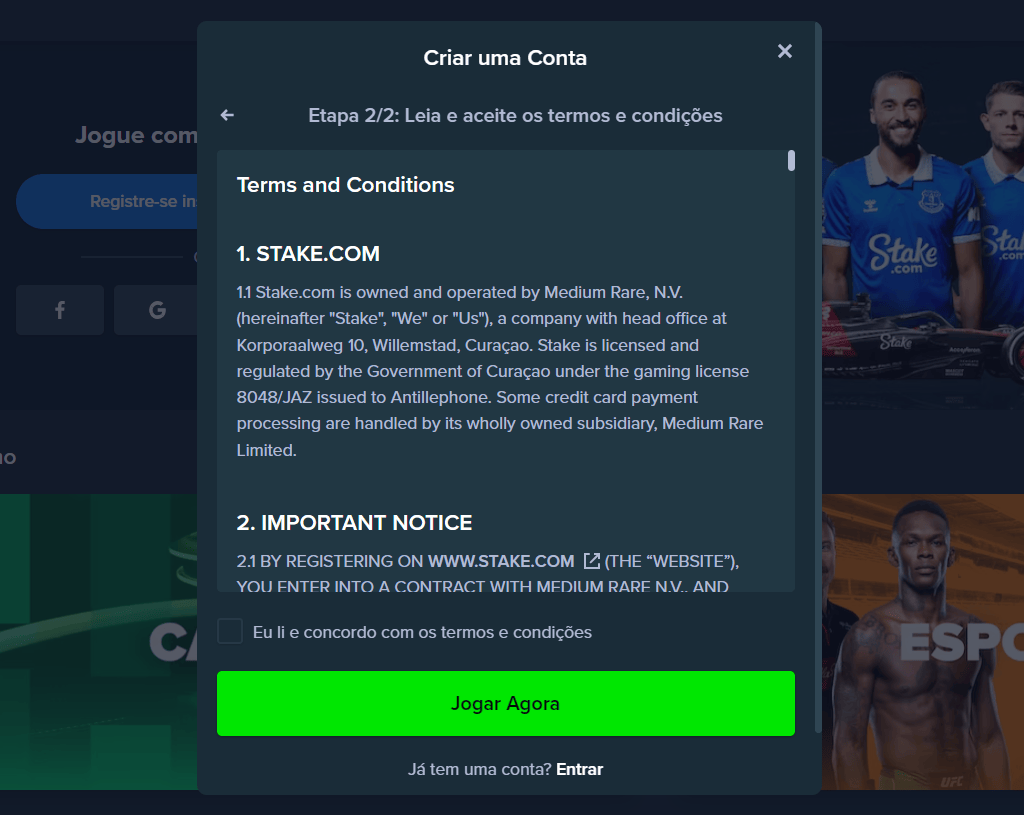 entrar pelo Facebook, Google ou Twitch stake