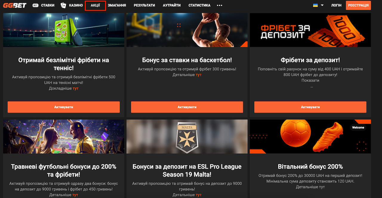 Бонусы и акции букмекера ggbet