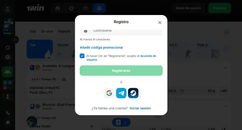 1win registration via social media