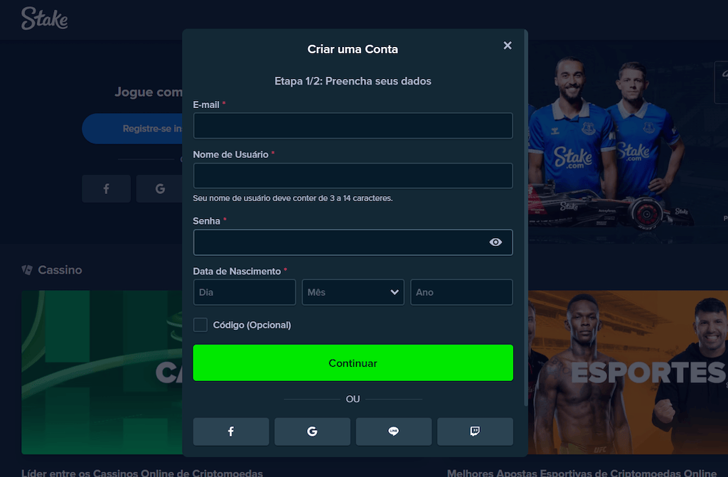 informações pessoais para o registo stake