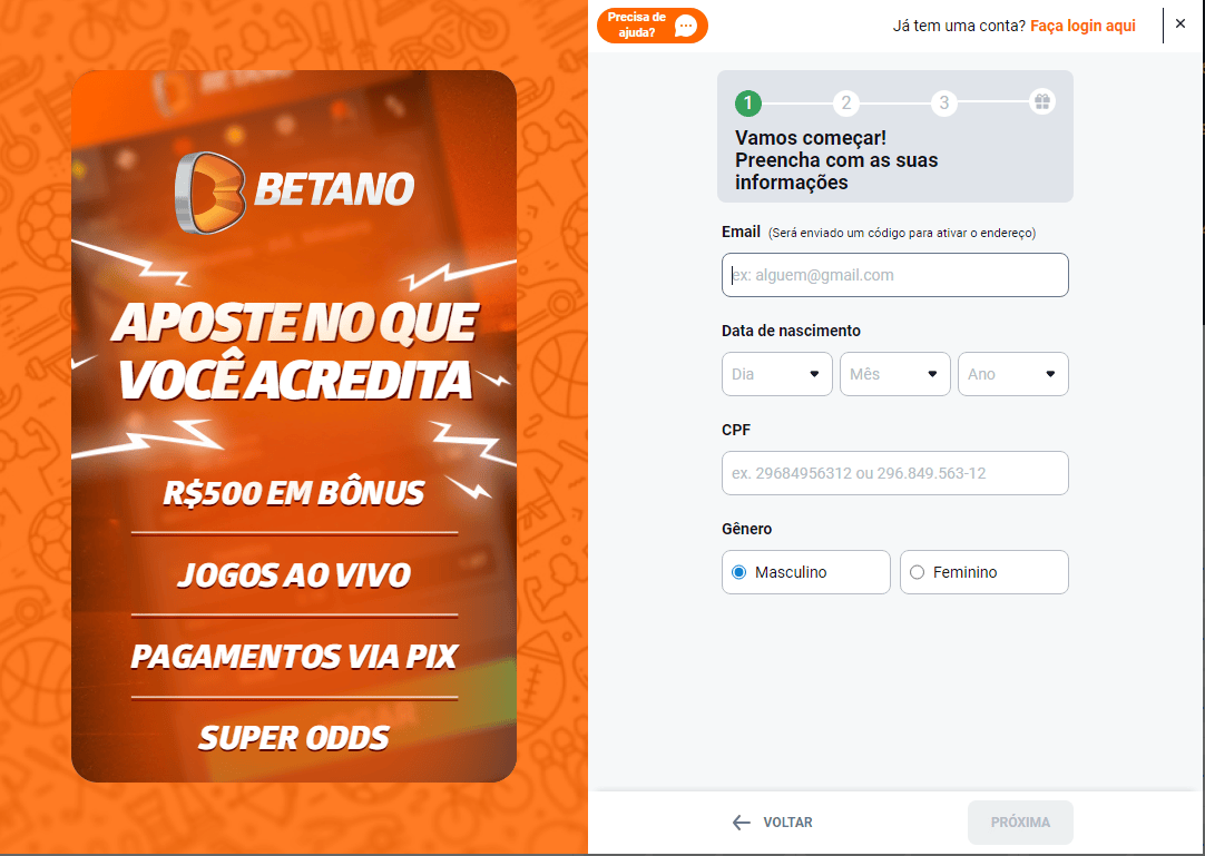instruções para o registo no sítio Betano