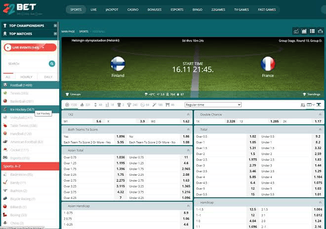 22bet live betting and live casino