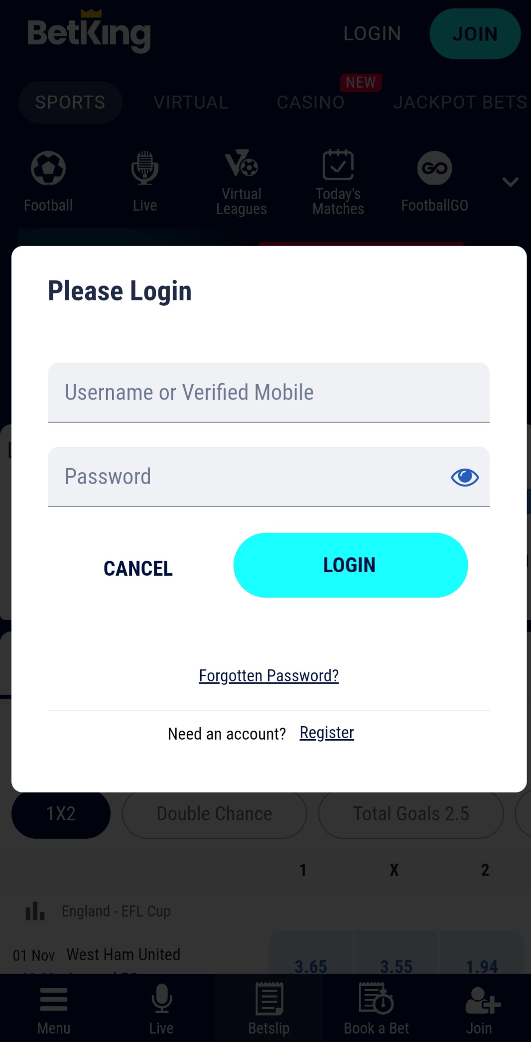 login button betking app