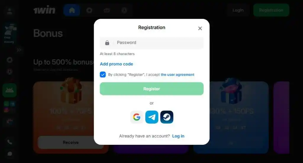 1win registration via social media