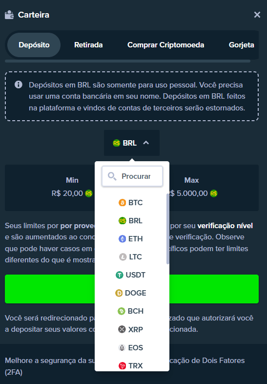 Como eu faço depósitos em criptomoedas na Stake?